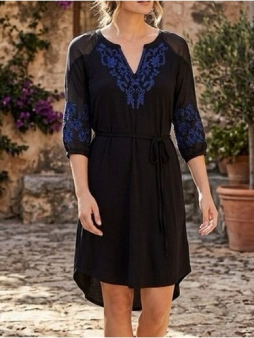 Lucky Brand Boho Black Dress with Blue Embroidery Sheer Sleeves